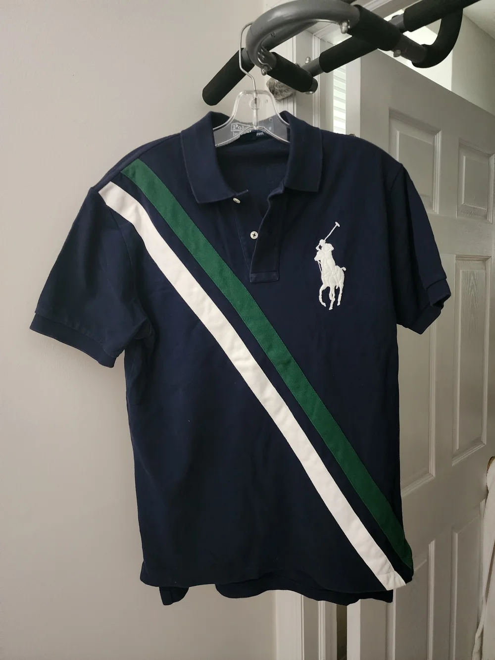Ralph Lauren Navy Polo with Green & White Diagonal Stripes & Embroidered Logo